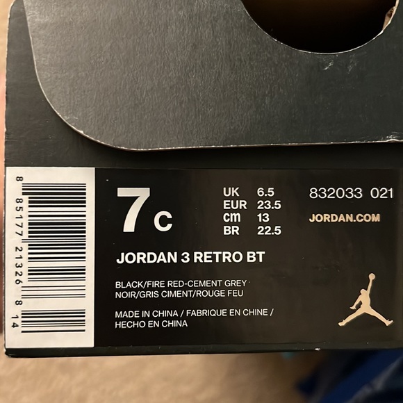 Brand New Baby Jordan 3 Retro BT size 7C Rare Find Black Fire Red Cement Grey - Picture 8 of 8
